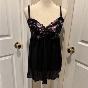 Torrid Black Floral Lace Babydoll Chemise with Pink & Purple Embroidery